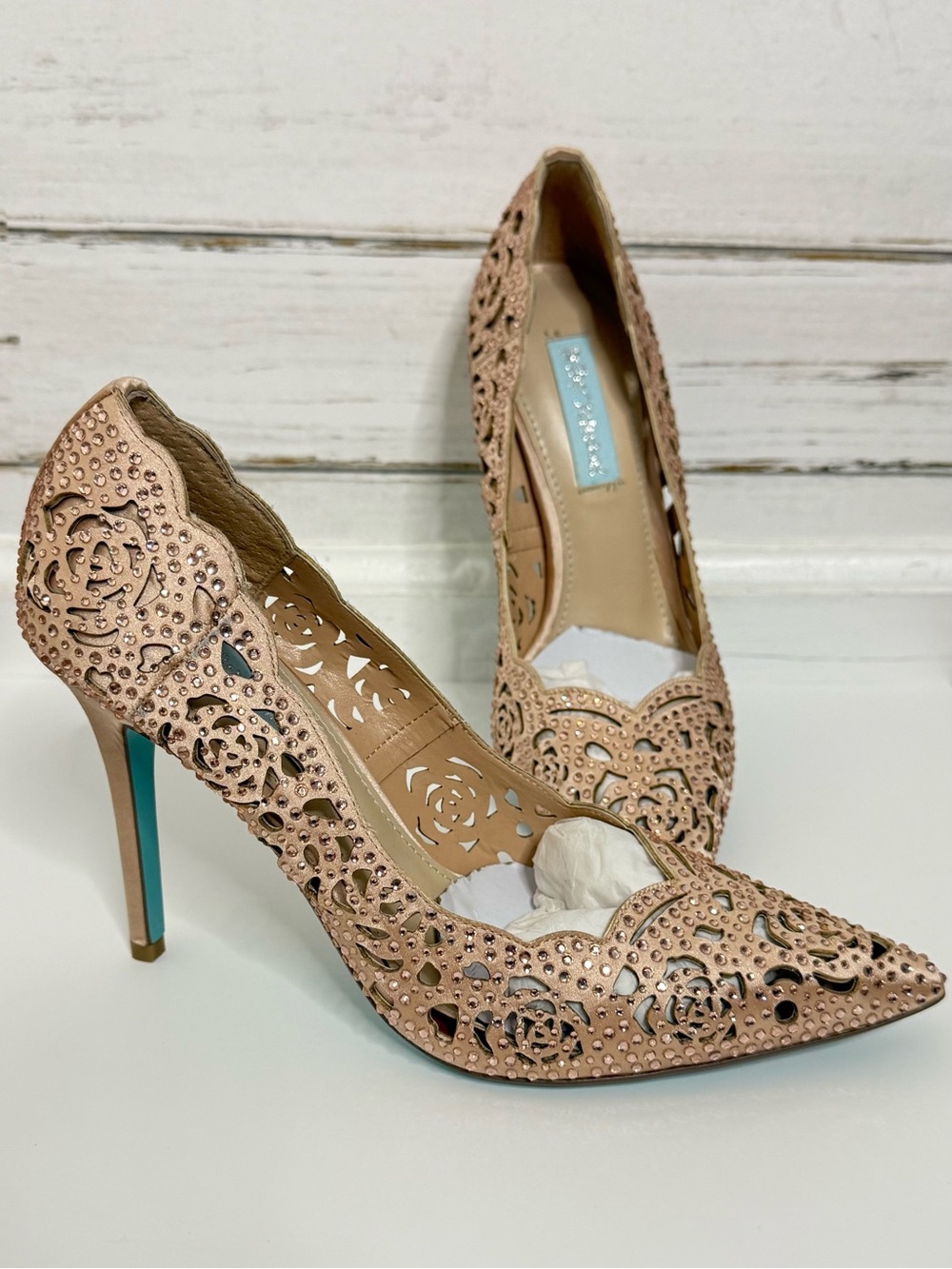 Betsey Johnson Rose Gold Crystal Cutout Pointed Toe Stiletto Heels